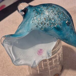 Vintage Iris Bohemia Czech Art Glass Conch Shell Aqua & Silver Foil